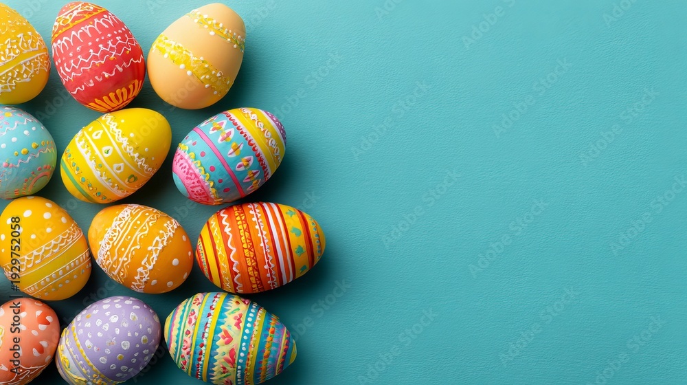 Fototapeta premium A collection of colorful Easter eggs with unique designs on a teal background