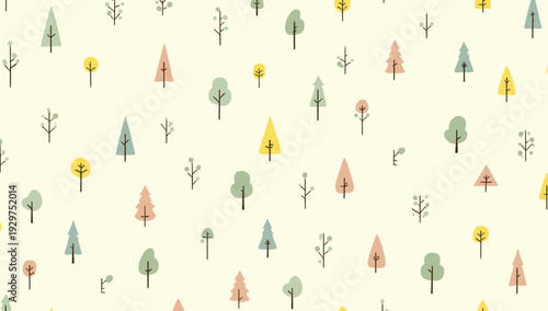 A tranquil and simple pattern featuring stylized trees and sun shapes. Evokes a sense of calm, making it ideal for backgrounds, children's products, o