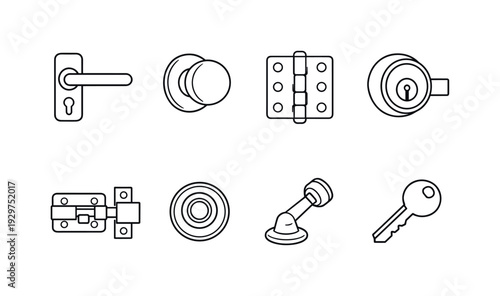 Door hardware items: door handle, door knob, hinge, deadbolt, latch, peephole, door stopper, key. . Thin consistent line stroke, outline only, minimalist linear