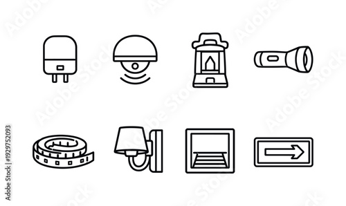 Home safety lighting items: linear style night light, motion sensor lamp, emergency lantern, flashlight, LED strip, wall sconce, stair light, exit lamp