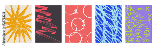 Hand-drawn pastel arts, patterns on blank posters, executed in brush strokes. Grunge paintings with abstract elements, brush textures, and strokes. Vector collection of postcards, posters.