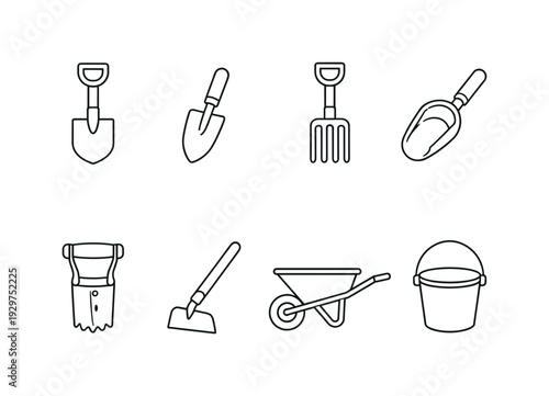 Garden hand digging tools: garden spade, hand trowel, digging fork, soil scoop, bulb planter, garden hoe, wheelbarrow, garden bucket. . Thin consistent line