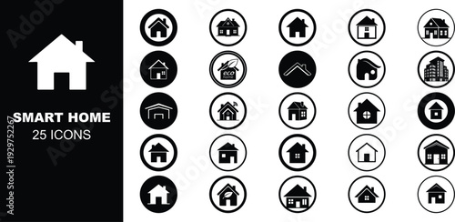 Big set of buildings, house icons, collection home sign, flat style houses in outline and line design, real estate - stock vector