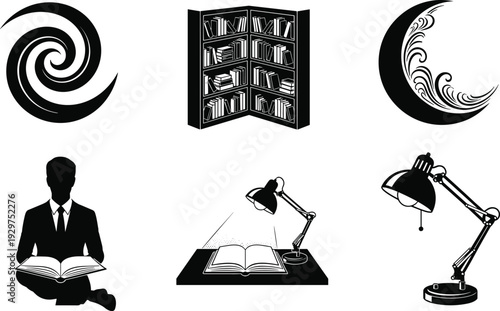Black and white of a bookshelf, moon, swirl, reading man, and desk lamps