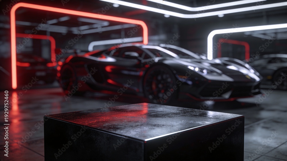 Fototapeta premium Luxury sports car displayed in a modern showroom with neon lighting