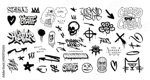 Urban street art wall, black graffiti, tags, lettering, doodles with spray effect. Graffiti collection for streetwear, t-shirt, merch. Street art graphic box in underground, hip-hop style. Vector set