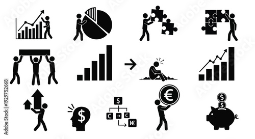 Comprehensive vector illustration depicting diverse business and finance concepts with stick figures and icons
