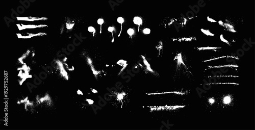 White Spray Paint Splatter Strokes and Drips on Black Set. Collection of white spray paint splatters, drips, dust clouds, and rough strokes on black background. High-contrast grunge texture. Vector