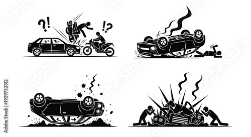 Collection of black and white vector graphic illustrations depicting various catastrophic road traffic accidents and injuries