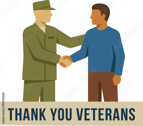 Thank you veterans gratitude banner featuring a proud civilian man shaking hands with a brave military army soldier in green uniform to show deep respect and honor.