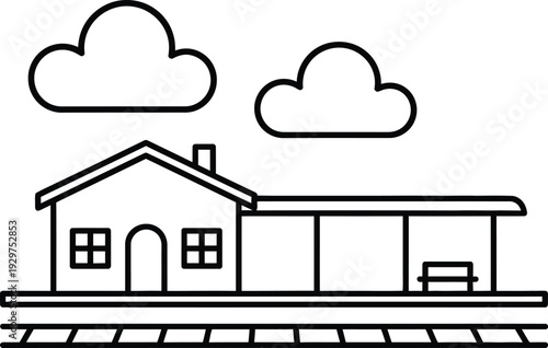 Black Outline Rural Train Station Quiet Countryside Scene vector illustration
