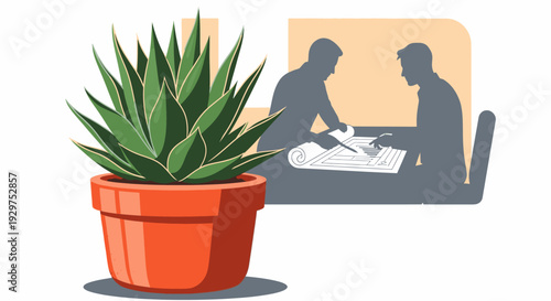 A vibrant potted succulent plant brings a touch of nature and tranquility to a modern office setting where two colleagues are diligently working.