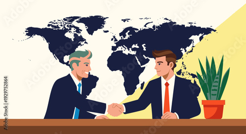 Two professional businessmen are shaking hands in front of a prominent world map, symbolizing successful global partnership, international cooperation, and a strong agreement.