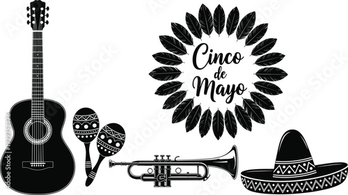 Black and white of musical instruments and sombrero with cinco de mayo text guitar maracas trumpet