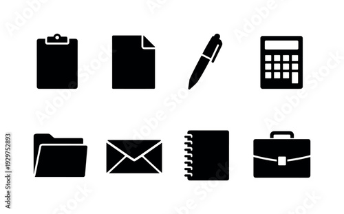 Economic data collection silhouette style clipboard, paper sheet, pen, calculator, folder, envelope, notebook, briefcase