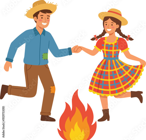 Happy smiling couple in traditional rural country clothing dancing together around a warm bonfire celebrating the vibrant Brazilian Festa Junina harvest festival.
