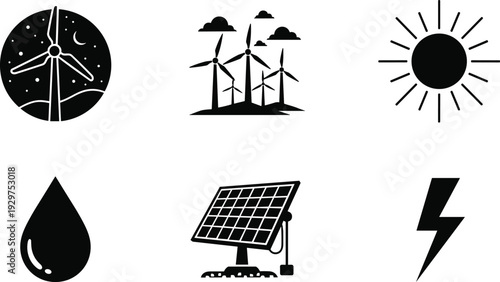 Black and white of renewable energy sources including wind turbines, solar panels, water droplet, lightning bolt, and sun