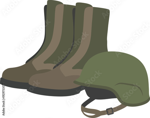 Heavy duty green military combat boots and a protective tactical helmet representing armed forces soldier equipment veteran service national defense and proud duty.