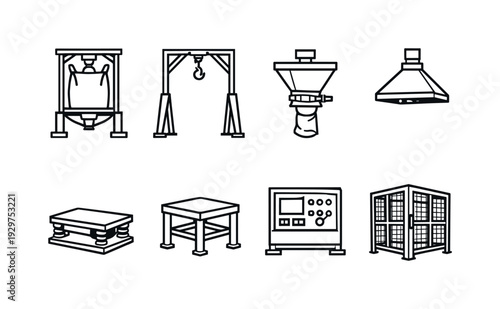 Industrial powder handling equipment: linear style bulk bag unloader, lifting frame, discharge spout, vibration table, dust hood, support stand, control panel,