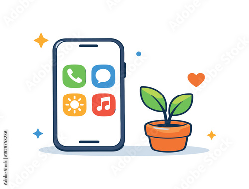 Digital minimalism and intentional app usage for a calmer daily routine, a smartphone with only a few simple icons beside a small plant symbolizing reduced
