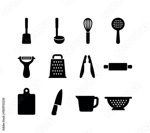 Home kitchen utensils: spatula, ladle, whisk, slotted spoon, peeler, grater, tongs, rolling pin, cutting board, chef knife, measuring cup, colander