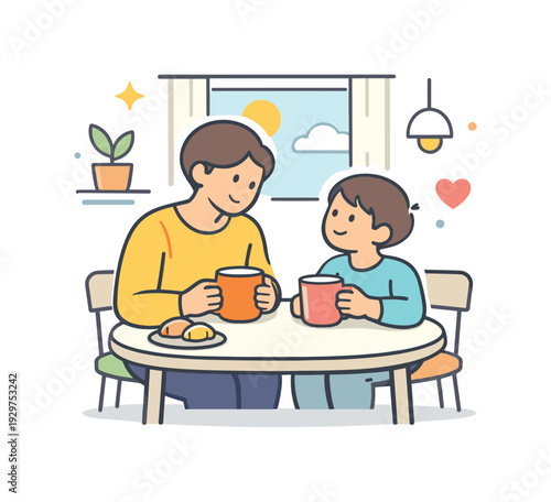 Peaceful family morning at home focused on gentle togetherness and a calm start to the day, an adult and child sitting together at a small kitchen table with