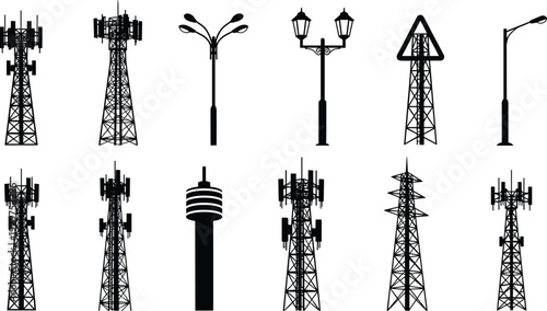 Various black and white silhouettes of communication towers and street lamps against a plain background