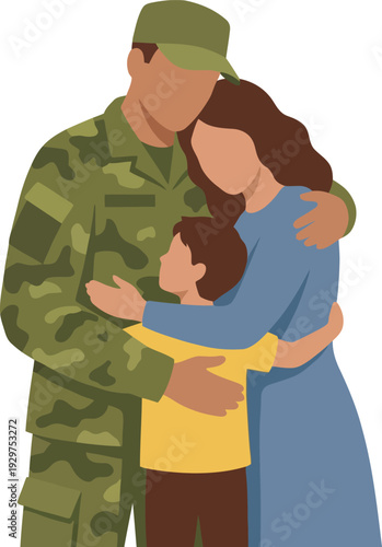 Loving military soldier father in camouflage uniform warmly hugging his wife and young child representing family reunion emotional homecoming and deep affection.