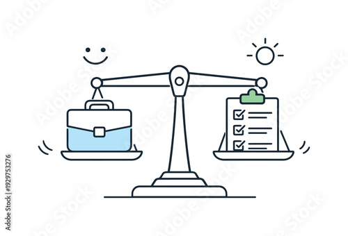 Balanced workload management and stress reduction in a modern professional routine emphasizing control and clarity, a scale balancing a briefcase and a