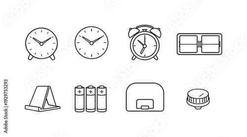 Home desk clock items: desk clock, wall clock, alarm clock, flip clock, clock stand, battery pack, back cover, adjustment knob. . Thin consistent line stroke,