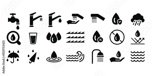 Collection of water related icons including taps, rain, water drops, and waterproofing symbols