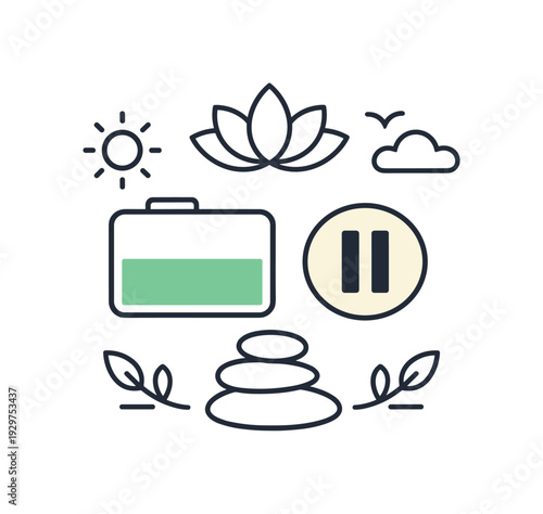 Mindful workday balance and burnout prevention in everyday professional life focused on sustainability and wellbeing, a battery icon at mid level beside a small