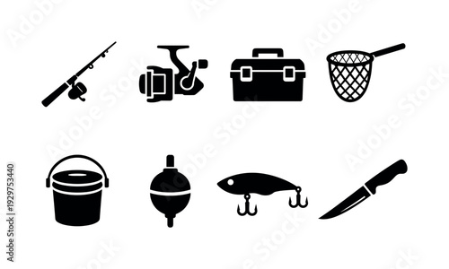 Outdoor fishing essentials: fishing rod, fishing reel, tackle box, fishing net, bait bucket, bobber, lure, fillet knife