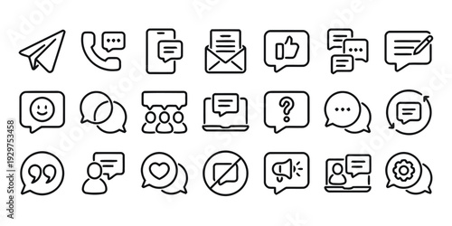 Communication and message icons set in clean outline style for social media and business
