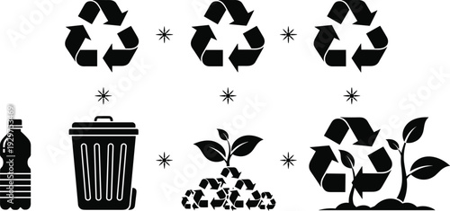 Black and white recycling symbols with bottles trash bin plants and recycling