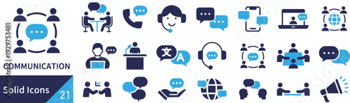Communication solid icons showing conversation connection and discussion