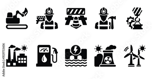 Construction and industrial site icons, heavy machinery and energy symbols