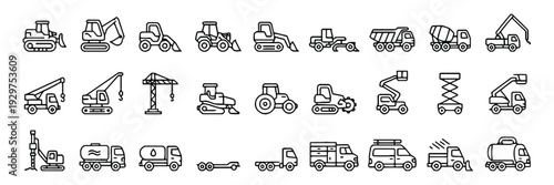 Construction heavy machinery and vehicles set with excavators, trucks and cranes