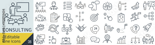 Consulting line icons set. collection of vector symbol in outline style for business, advice and strategy