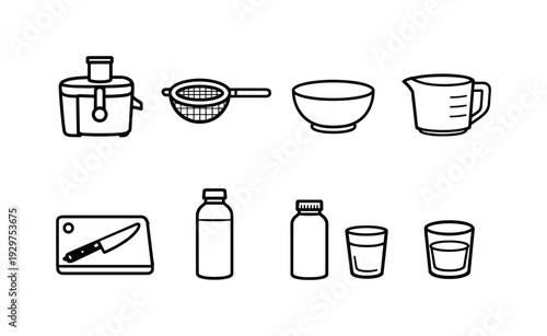 Home cold-pressed juice prep tools: linear style juice extractor, strainer, mixing bowl, measuring cup, chopping board, chef knife, storage bottle, serving