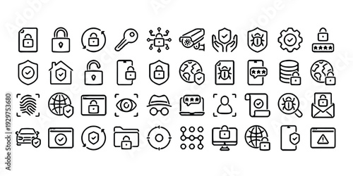 Cyber security and data protection outline icon set for digital safety and privacy systems