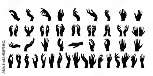 Diverse collection of black hand silhouettes showing various gestures and poses