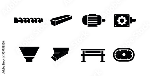 Industrial material conveying systems: screw conveyor, conveyor trough, drive motor, gearbox, feed hopper, discharge outlet, support frame, inspection cover
