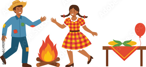 Happy couple in traditional rural clothing dancing around a warm bonfire celebrating the vibrant Brazilian Festa Junina with corn on a table and festive balloon.
