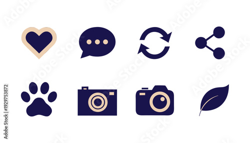 Set of eight social media and communication including a heart paw print speech bubble two cameras