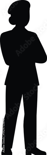 Black silhouette of a confident female military soldier standing with arms crossed representing armed forces national security duty and proud veteran service honor.