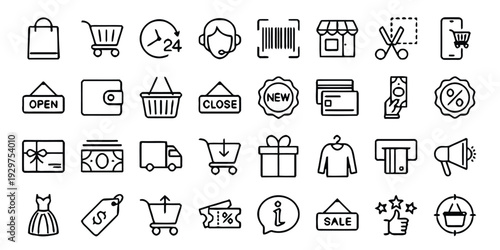 E commerce and shopping icons for online retail business including cart gift and payment