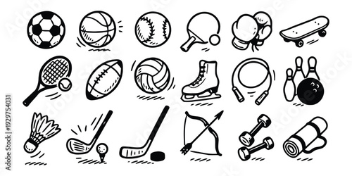 Doodle style sports equipment and activity icons for active lifestyle and games