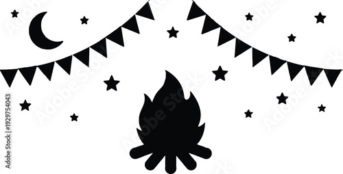 Black silhouette of a glowing campfire under a starry night sky with crescent moon and festive bunting flags for a traditional outdoor summer camping celebration.