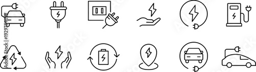 Electric vehicle charging icons set with car plug and battery symbols